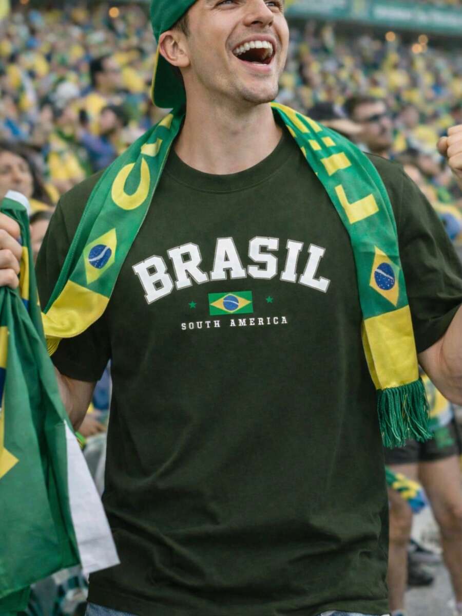 Men's T-Shirt Brazil Print Brazil Summer Spring / Autumn Loose - Army Green - View 1