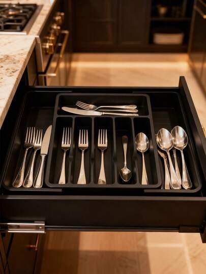 1 pieza Caja de almacenamiento ajustable para cubiertos de plata, divisor de cajón de plástico expandible, adecuado para almacenamiento en cocina y comedor, organizador de cajones de cocina para cubiertos, partición incorporada en el gabinete del hogar para palillos y utensilios, almacenamiento de suministros de cocina, organizador de cajones de cocina para cubiertos, bandeja separadora de cuchillos, tenedores y cucharas