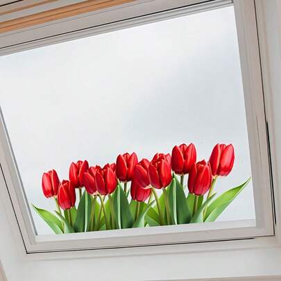 1pc Vibrant Red Tulip Window Decal - Colorful Garden Floral Sticker, Suitable For Home And Living Room Decor, Easy To Apply Vinyl Art Design, Spring & Summer Style, Energetic Home Decor Element | Spring & Summer Decor | Self-Adhesive Floral Sticker, Window Decal