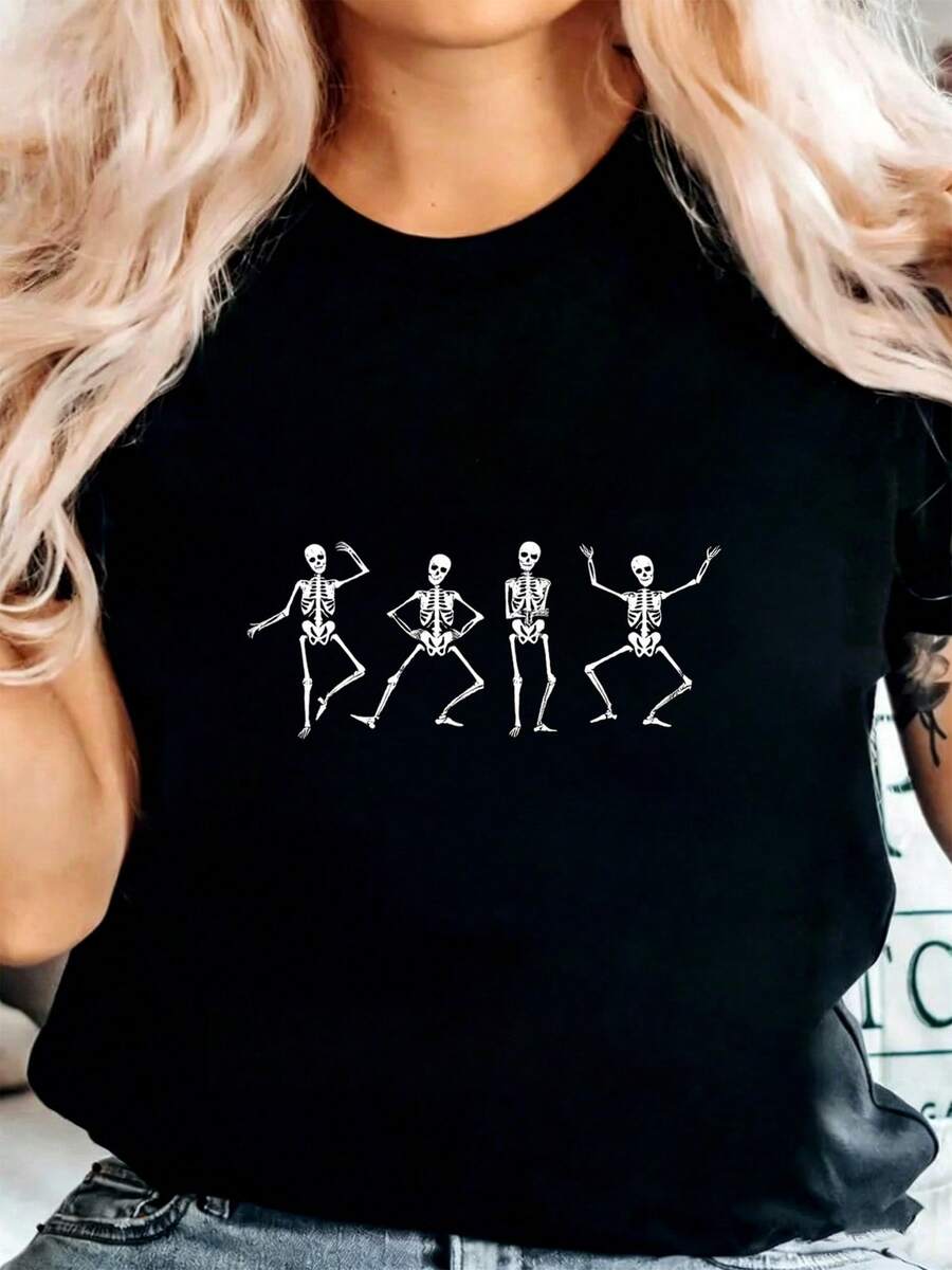 Playeras Caballero Ajustado Deportivo Cuello Redondo Algodón de alta calidad Negra estampado de esqueletos estilo Día de Muertos con cuatro figuras bailando expresiones divertidas postura animada ideal para jóvenes modernos amantes de la cultura mexicana - Negro - Ver 1
