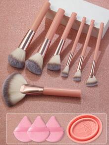 11pcs/1pc Complete Makeup Brush Set Includes 7 Soft Brushes-Such As A Translucent Powder Brush, Blush Brush, Contour Brush, Highlighter Brush, Foundation Brush, Nose Contour Brush, And Eyeshadow Brush-Plus 3 Triangular Beauty Sponges And 1 Brush-Cleaning Bowl; Ideal For Beginners, Professional Makeup Application, And Novice Beauty Practice. - Pink - View 1
