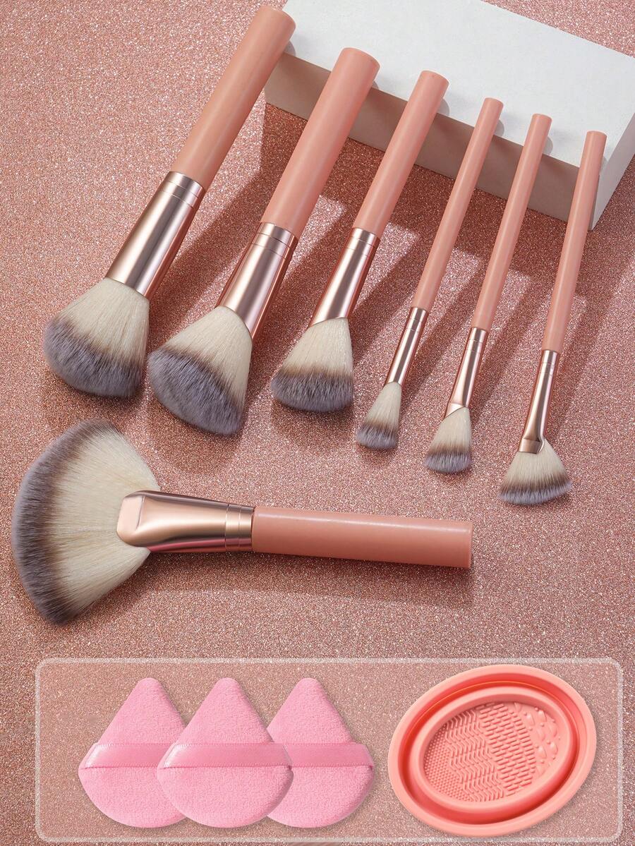 11pcs/1pc Complete Makeup Brush Set Includes 7 Soft Brushes-Such As A Translucent Powder Brush, Blush Brush, Contour Brush, Highlighter Brush, Foundation Brush, Nose Contour Brush, And Eyeshadow Brush-Plus 3 Triangular Beauty Sponges And 1 Brush-Cleaning Bowl; Ideal For Beginners, Professional Makeup Application, And Novice Beauty Practice. - Pink - View 1