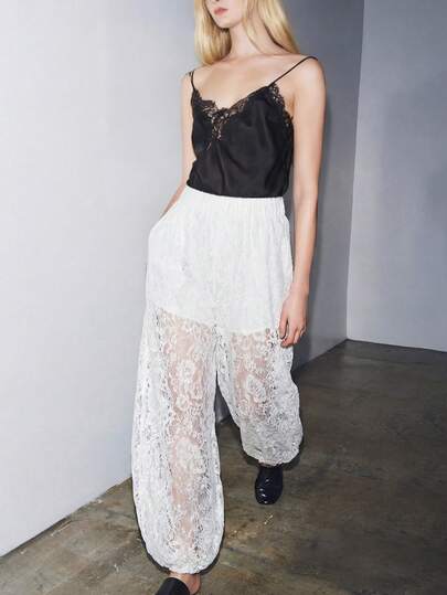 Elegant White Transparent Lace Wide-Leg Pants, Breathable Hollow-Out Straight Leg Pants With Elastic Waist, Romantic Transparent Vacation Style Long Pants, Suitable For Beach Sun Protection And Vacation Style, Lightweight Fitted Casual Bottoms, Essential For Summer Outings, Minimalist Luxurious Textured Details