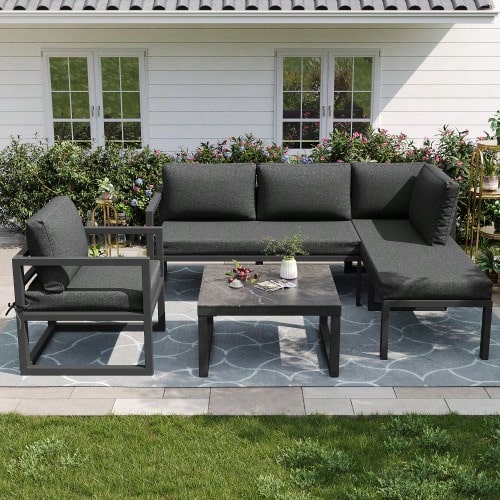 Seil-Gartenmöbel-Set, Garten-Lounge-Set, Ecksofa Mit Verzinktem Eisengestell, Verstellbare Beine, Inclusive Aller Sitz- Und Rückenkissen, Gray - Grey - View 1
