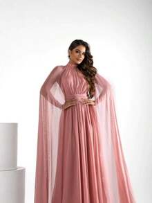 Elegant Cape Dress For Bridesmaid, Graduation, And Party - GB - 乾枯玫瑰色 - 查看 1