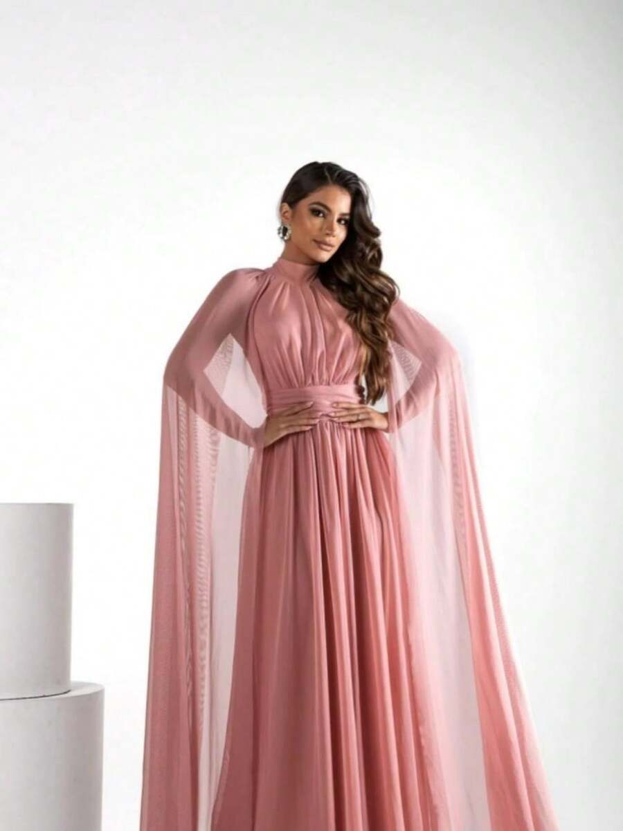 Elegant Cape Dress For Bridesmaid, Graduation, And Party - GB - 乾枯玫瑰色 - 查看 1