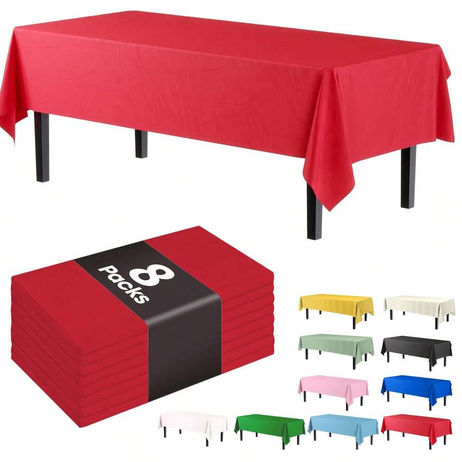 Plastic Table Cloth Disposable 8 Pack, 54 X 108 Inch Table Cloths, Valentines Day, Thanksgiving, Christmas Decorations, Fall Tablecloths, Rectangle, Plastic Cover, Leakproof & Sturdy, Red - Red - View 1
