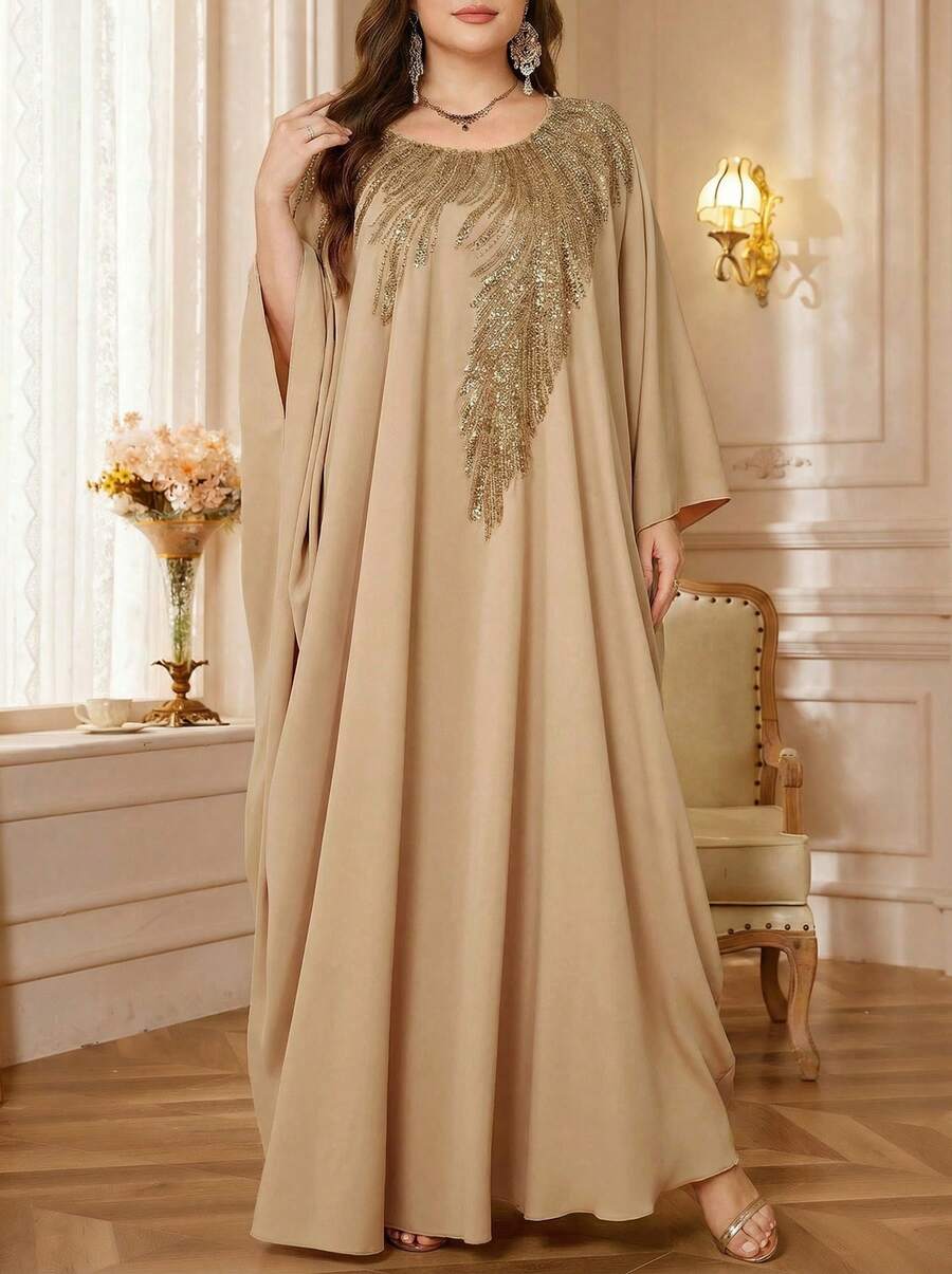 Solessence Vestido de noche de satén con cuello redondo, manga larga, parches con lentejuelas y cinturilla para mujer SUPGIR Plus - Champán - Ver 1