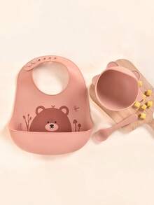 3pcs Baby Feeding Set - Silicone Bowl, Bib, Spoon, Cartoon Bowl Design, Suitable For Everyday Use And Gift Giving - Multicolor - View 14
