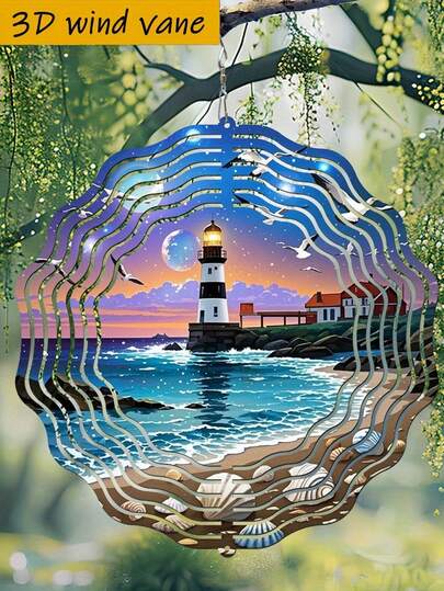 3D立体装饰画“夜空中飞翔的海鸥与海边的灯塔：一幅美丽的画卷”，尺寸10英寸*10英寸，带旋转挂钩，可360°自由旋转，无需电源，适合家居、阳台、户外等场所旋转装饰。