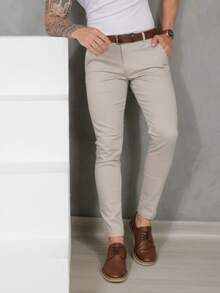 Men's Smart Casual Trousers, Premium Satin Fabric, Tailored Style, Welt Pockets - 淺米色 - 查看 9