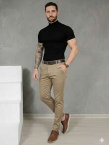 Men's Smart Casual Trousers, Premium Satin Fabric, Tailored Style, Welt Pockets - Camel - View 4