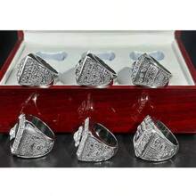 LAS VEGAS RUGBY 6-TIMES WORLD CHAMPIONSHIP RING, 6 RINGS SET WITH 6-HOLE WOODEN DISPLAY BOX PACKAGING, SILVER STYLE GIFT SET HOLIDAY GIFT FOR BASEBALL FANS - Silver - View 6