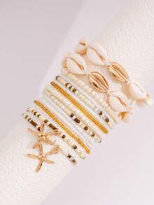 Bộ 14 chiếc vòng chân nhiều lớp kiểu Bohemian màu vàng hình ngôi sao và vỏ sò, phụ kiện trang sức thanh lịch cho bãi biển và sử dụng hàng ngày. - Màu be - Xem 2
