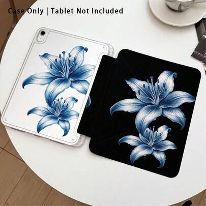 1个蓝色百合花图案亚克力水晶平板电脑保护套，带支架，兼容三星、荣耀、苹果等品牌，可折叠防弯折，硅胶加固边角，自动唤醒/睡眠，内置笔槽，多角度可调节支架 - 完美日常保护，理想礼品