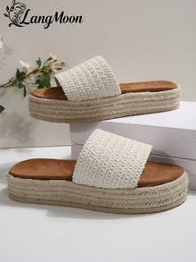 朗慕编织厚底草编拖鞋，柔软缓冲鞋底，防滑耐磨，增高显瘦，夏季休闲拖鞋 - 米白色 - 查看 7