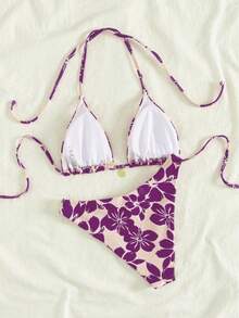 Lostzian 2026 女士春夏沙滩套装，时尚印花杏色底色撞色紫色花朵吊坠泳衣，性感高衩泳裤，两件式挂脖比基尼套装，沙滩度假/泳池派对，情人节嘉年华休闲优雅装扮 - 紫色 - 查看 4