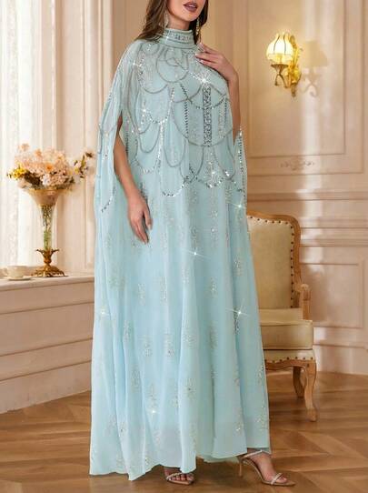 Solessence Elegante abaya de manga de murciélago con cuentas, cuello alto y largo, de tela tejida con diseño bordado