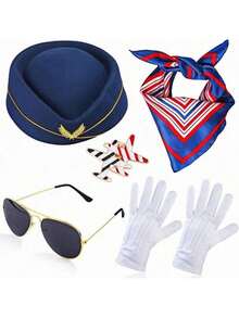 5pcs/Set Holiday Themed Flight Attendant Hat, Scarf, Brooch, Gloves, Glasses, Cabin Crew Cosplay Accessories, Stewardess Outfit Attire - Multicolor - View 19