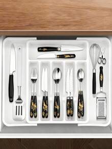 1pc Adjustable Silver Cutlery Storage Box, Expandable Plastic Drawer Divider, Suitable For Kitchen And Dining Room Storage, Kitchen Drawer Separator Cutlery Organizer Box, Household Cabinet Built-In Partition Chopsticks Utensils Rack, Kitchen Supplies Storage, Kitchen Cabinet Chopsticks Cutlery Organizer, Knife Fork Spoon Separator Tray - Multicolor - View 2