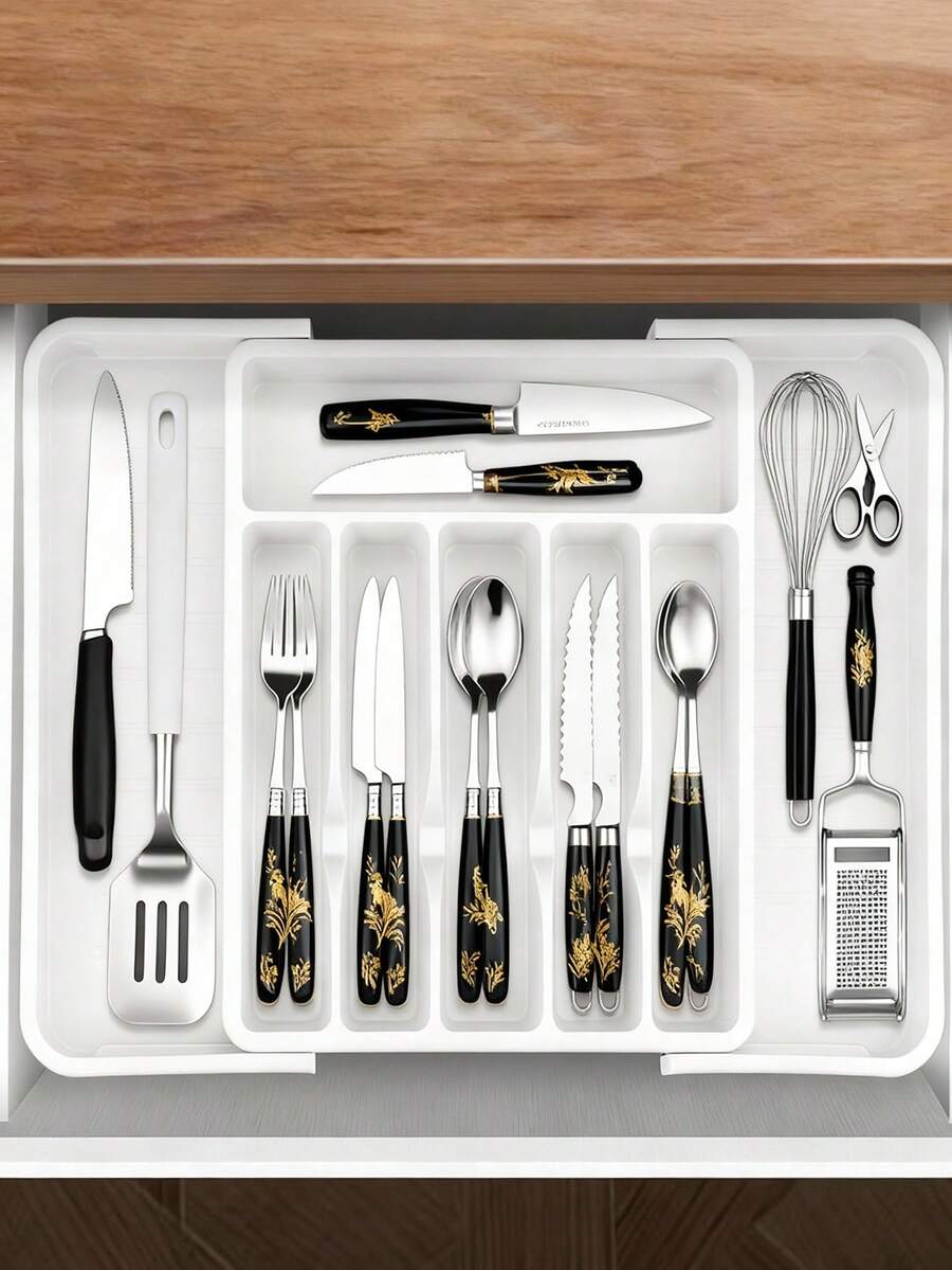 1pc Adjustable Silver Cutlery Storage Box, Expandable Plastic Drawer Divider, Suitable For Kitchen And Dining Room Storage, Kitchen Drawer Separator Cutlery Organizer Box, Household Cabinet Built-In Partition Chopsticks Utensils Rack, Kitchen Supplies Storage, Kitchen Cabinet Chopsticks Cutlery Organizer, Knife Fork Spoon Separator Tray