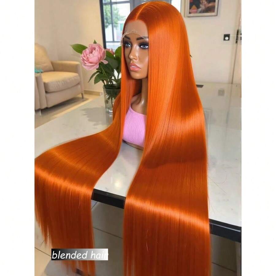 36 Inch Wear And Go Glueless Wigs Human Blended Hair Pre Plucked Pre Cut With Baby Hair 180 Density 13x4 HD Lace Closure Wigs 12A Straight Wigs Ready To Wear Wig For Beginners Ginger Orange 350 - S350 - View 1