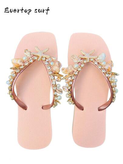 Evertop Surf 手工制作的天然贝壳和海星水钻装饰带，软底防滑女士沙滩凉鞋，夏季海滩女神风格原创设计可拆卸带女鞋