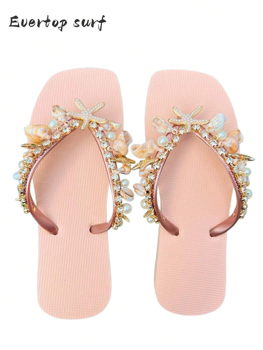 Evertop Surf Dây đeo trang trí bằng đá Rhinestone hình sao biển và vỏ sò tự nhiên thủ công, đế mềm chống trượt cho nữ, giày đi biển phong cách nữ thần mùa hè, thiết kế độc đáo, quai đeo có thể tháo rời cho nữ - Hồng - Xem 1