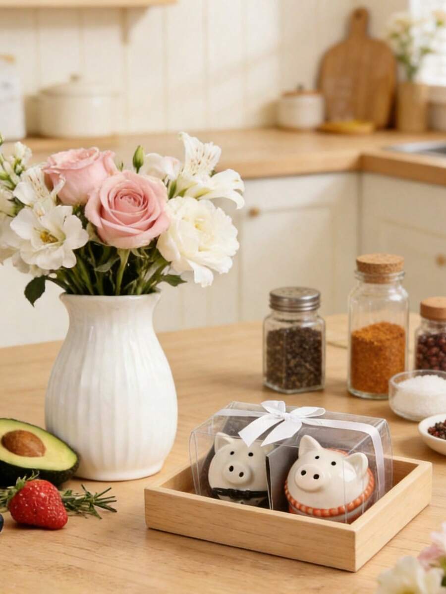 2pcs Black & Orange Pig Shaped Ceramic Salt And Pepper Shaker Set, Textured Glaze Finish, Gift Box Packaging, Suitable For Kitchen, Dining, Parties, Housewarming, Valentine's Day, Birthday Gifts - Coral Orange - View 1