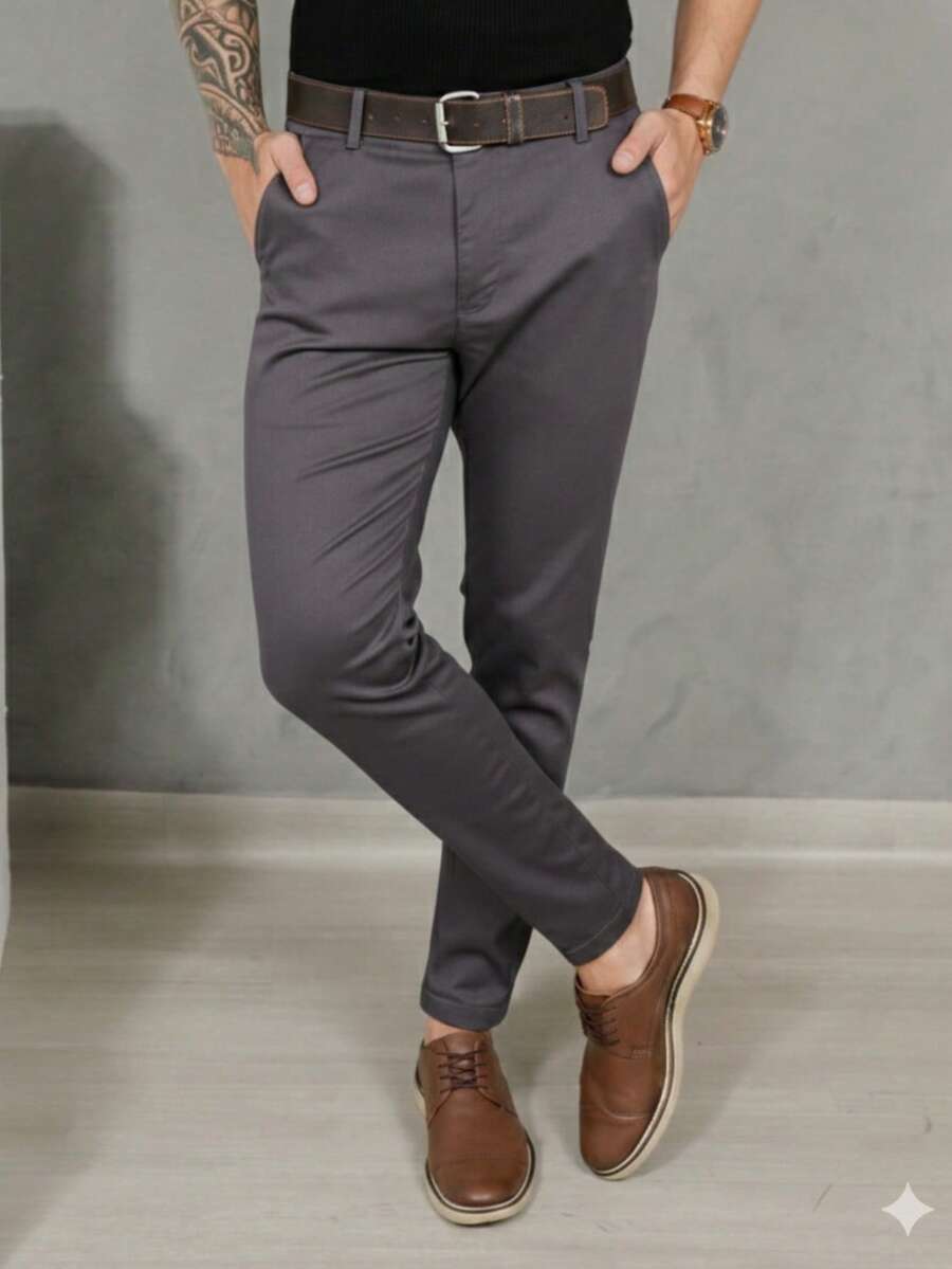 Men's Smart Casual Trousers, Premium Satin Fabric, Tailored Style, Welt Pockets - 深灰色 - 查看 1