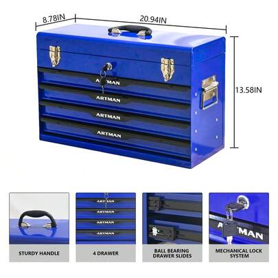 20-Inch Steel Portable Tool Box With Drawers - Tool Storage Box Organizer With Metal Lock Closure Device - Powder-Coated Tool Storage Cabinet (BLUE)
