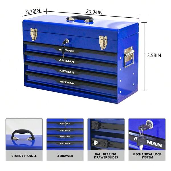 Caja de herramientas portátil de acero de 20 pulgadas - Organizador de caja de almacenamiento de herramientas con cierre de metal - Gabinete de almacenamiento de herramientas con recubrimiento en polvo (AZUL)