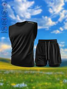 Men's Summer 2-Piece Sports Set | Sleeveless Tank Top + Double Layer Shorts, Suitable For Running, Cycling, Training, Basketball, Outdoor And Beach Wear - Black - View 3