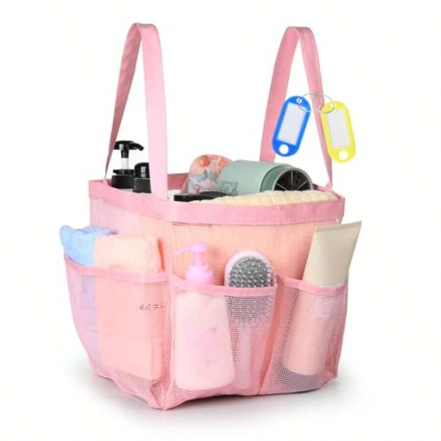Temede Mesh Shower Caddy Tote, Large Shower Caddy Basket Portable, Quick Dry Hanging Toiletry Bag, 8 Storage Pocket Bath Organizer For College Dorm, Gym, Camp, Travel (Pink) - 粉色 - 查看 1