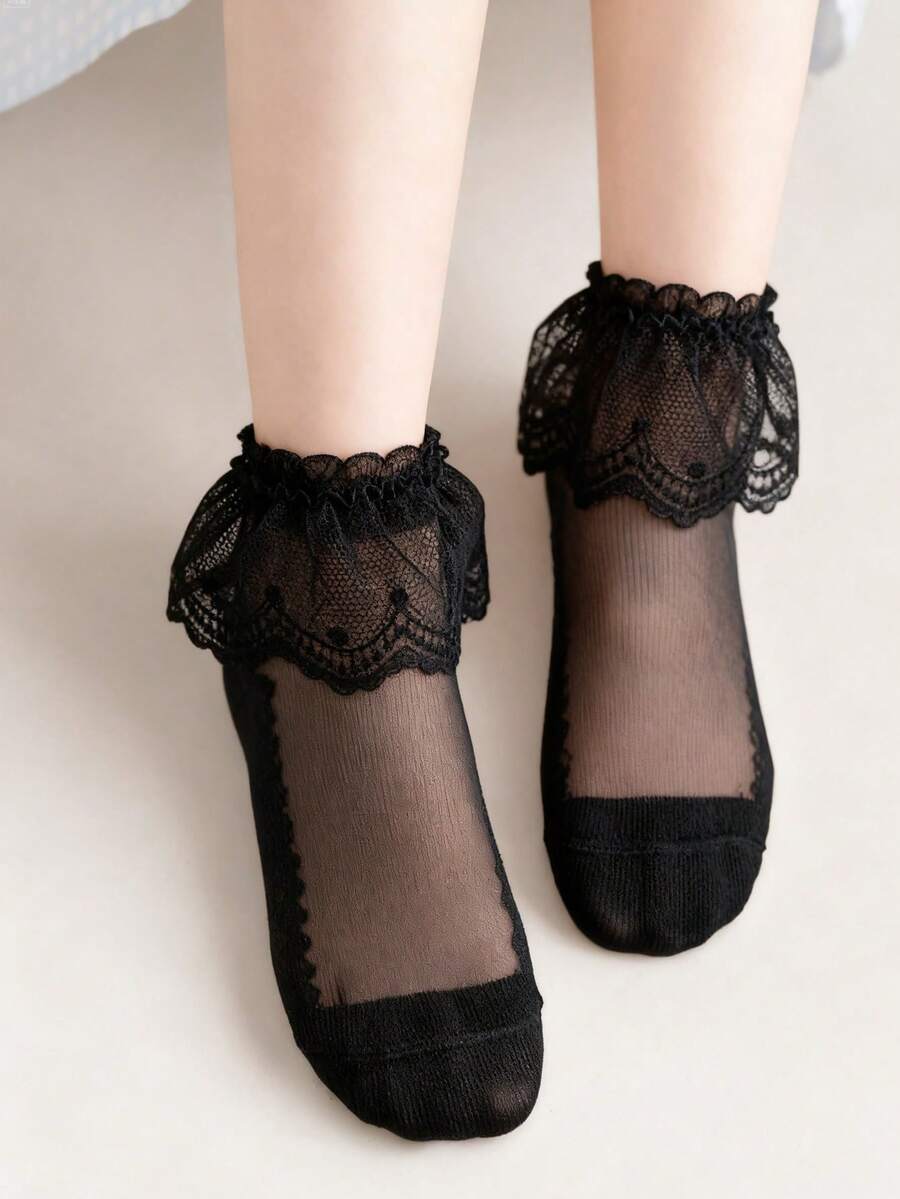 1 đôi tất trẻ em ren viền mỏng dài đến bắp chân - màu đen - Xem 1
