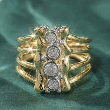 奢华复古不对称镂空戒指，优雅女士珠宝，镶嵌白色合成立方氧化锆，适合节日、宴会等场合，亦可作为周年纪念礼物。 - 金色 - 查看 9