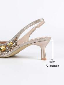 Women's Pointed Toe Stiletto High Heel Sandals, Rhinestone Decor Elastic Back Strap Comfortable Padded Sandals, Solid Color Camo Pattern Elegant Glitter Asymmetric/Irregular Crystal Embellished Ladies Dress Sandals For Party, Wedding, Office, Indoor & Outdoor, Spring/Summer - Champagne - View 8