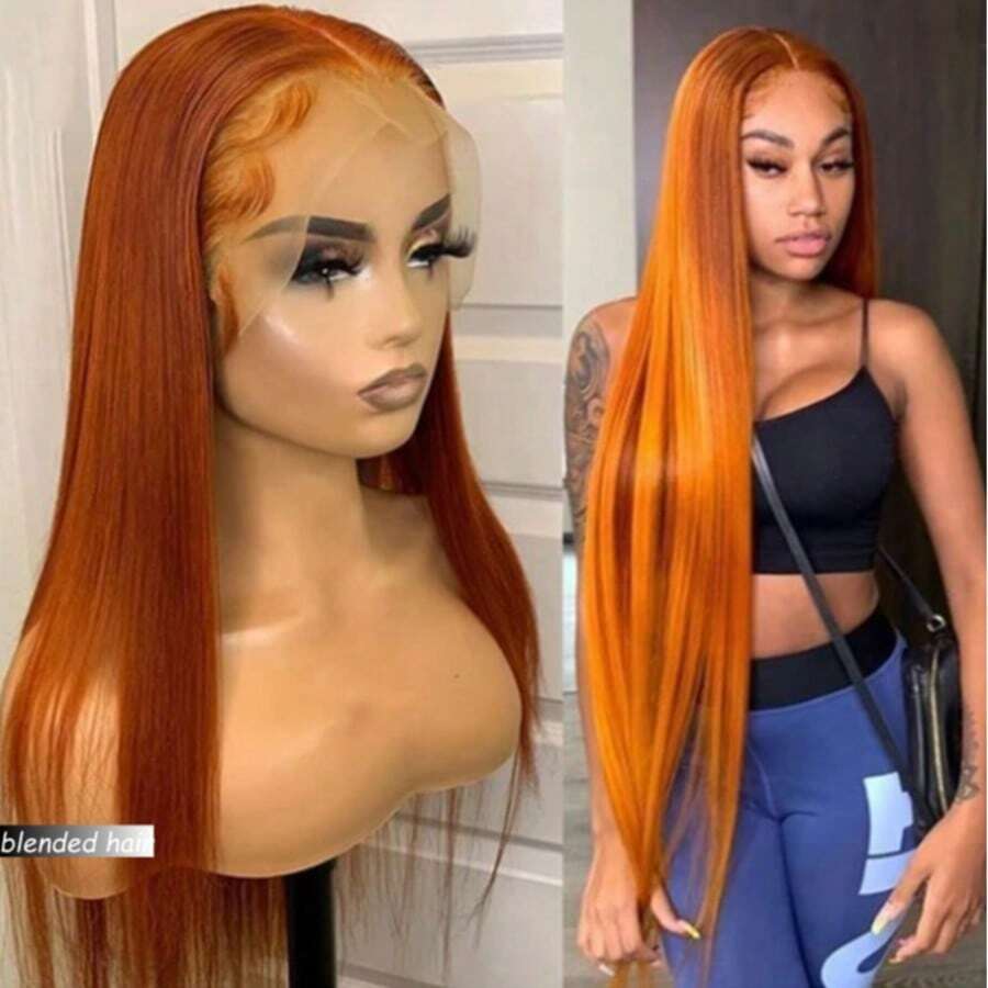 36 Inch Straight Human Blended Hair 13x4 Lace Frontal Wig Bone Straight 13x4 Transparent Lace Front Wigs Human Blended Hair For Women Straight Bye Bye Knot Wigs 180Density Ginger Orange 350 - S350 - View 1