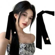 ZTFT リボン ヘアアクセ ベロア リボン 長め ヘッドドレス ヘアアクセサリー ヘアアレンジ 一粒 結婚式 髪飾り フォーマルなシーンに最適 卒業式 入学式 二次会 シンプルでエレガント 黒色ファッション - 写真の通り - チェックする 2