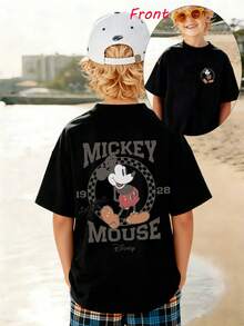 1pc Disney Mickey Mouse Playful Retro Emblem Tween Boys Fun T-Shirt - Comfortable & Lightweight, Ideal For School Days And Weekend Hangouts - 黑色 - 查看 1