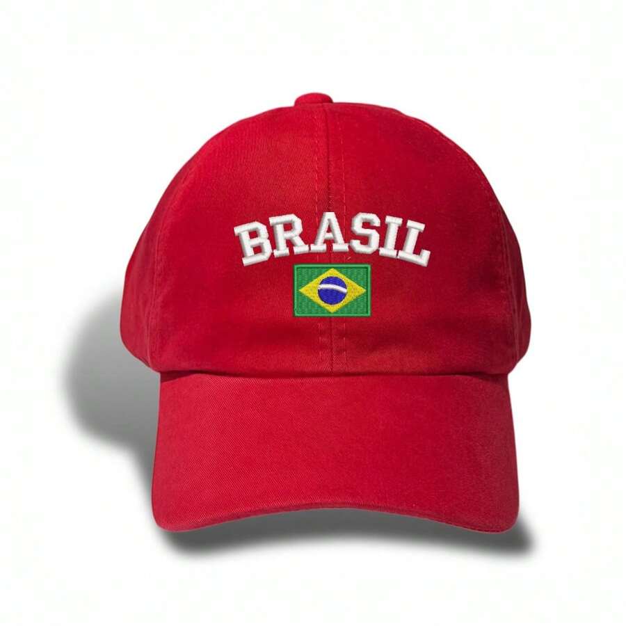 Unisex Dad Hat In 100% Cotton Twill With Curved Brim, Custom Embroidered "BRAZIL" With Brazilian Flag - 紅色 - 查看 1