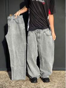 Light Gray Baggy Jeans, Basic Style, Unique Sportlife Denim Original - Light Grey - View 2