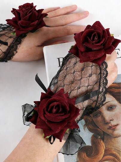 1 双女士哥特式露指渔网手套，带玫瑰装饰，情人节