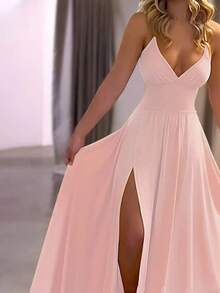 女士纯色V领侧开衩性感晚礼服，派对礼服，婚礼宾客鸡尾酒会礼服，春季粉色 - 粉色 - 查看 1