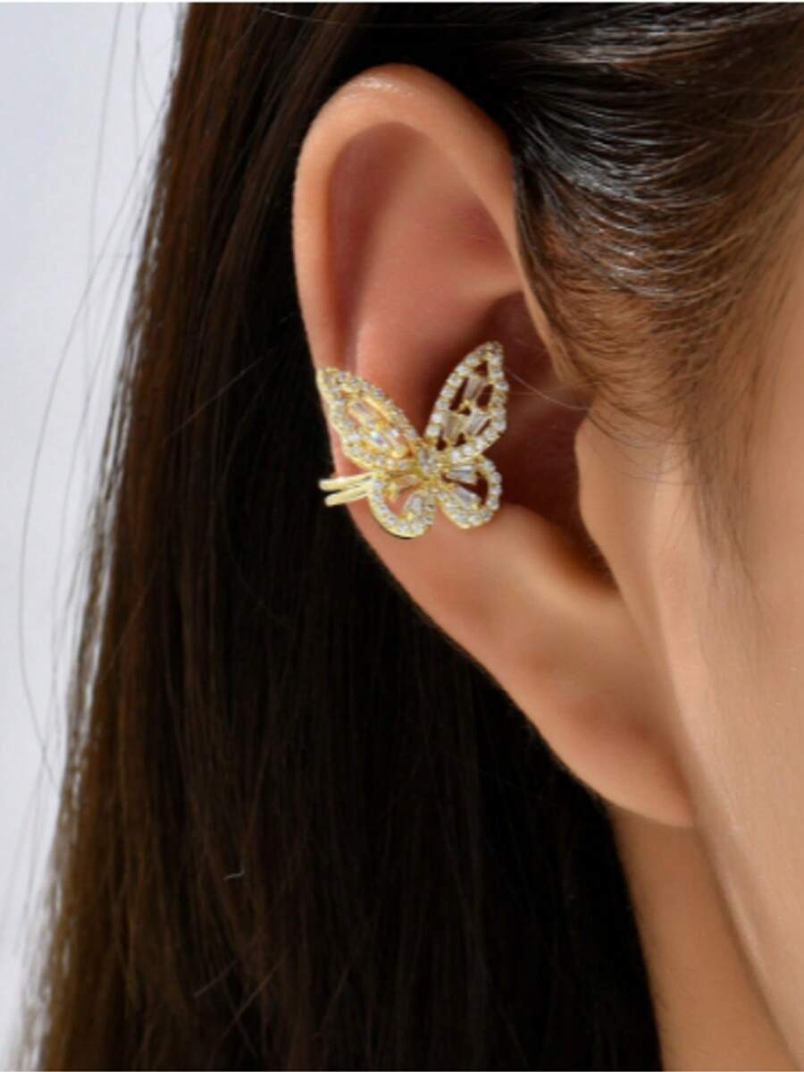 1pc Minimalist Luxury Micro-Pave Butterfly Ear Cuff For Women Without Pierced Ears, Unique Chic Versatile Ear Clip Earring - Small Butterfly Ear Clip - View 1