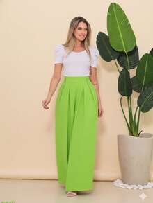 Women's Wide Leg High Waist Wide Leg Pants - Lime Green - View 8