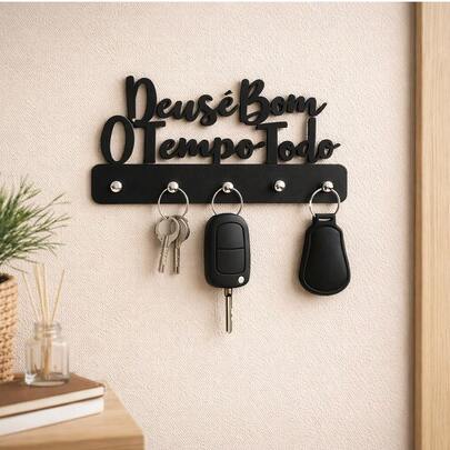 Porta Chaves Decorativo Autocolante em MDF 3mm Preto Deus é Bom