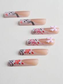 24片全新加长棺材形美甲贴片，法式时尚欧美美甲套装，含1个指甲锉和1片果冻凝胶指甲油，适合情人节、生日派对、约会、日常佩戴，提升您的时尚品味，也适用于学校和办公室美甲。 - 彩色 - 查看 5