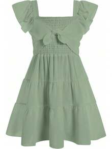 Square Neck Ruffle Sleeve Dress For Girls - Sweet A-Line Swing Dress For Tweens, Casual & Special Occasions - Green - View 1