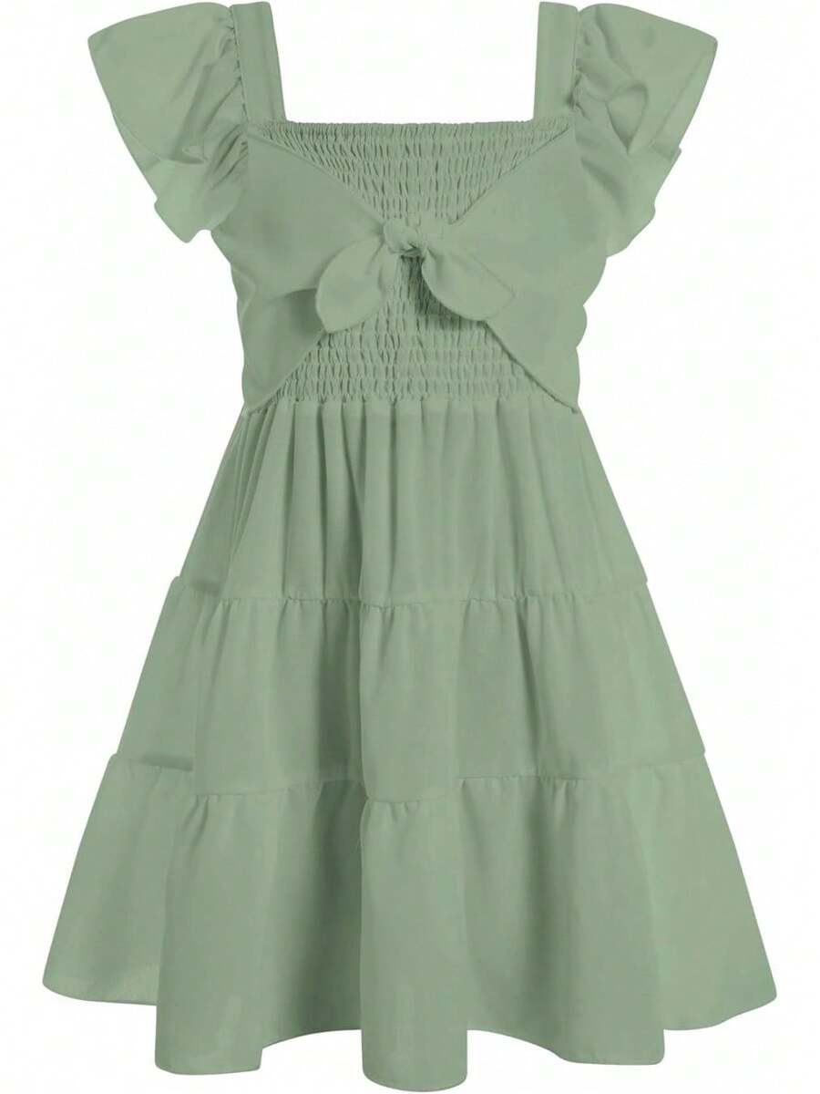 Square Neck Ruffle Sleeve Dress For Girls - Sweet A-Line Swing Dress For Tweens, Casual & Special Occasions - Green - View 1